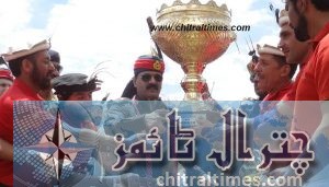 Chitral Shandur polo cup won by Chitral A team beating Gilgit by 5 10 goals shahzada sikander captain Chital team receiving winnrer trophy from chief guest IGFC KP pic by Saif ur Rehman Aziz