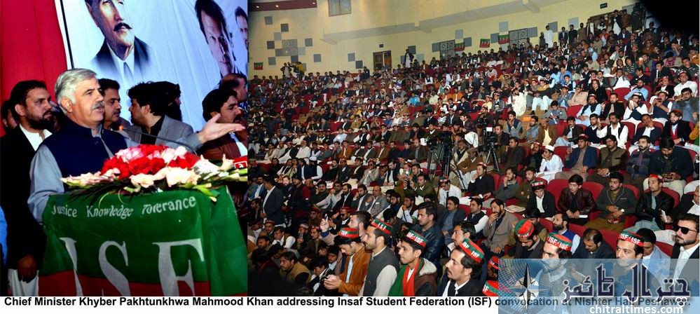 Chief Minister Khyber Pakhtunkhwa Mahmood Khan addressing Insaf Student Federation ISF convocation at Nishter Hall Peshawar