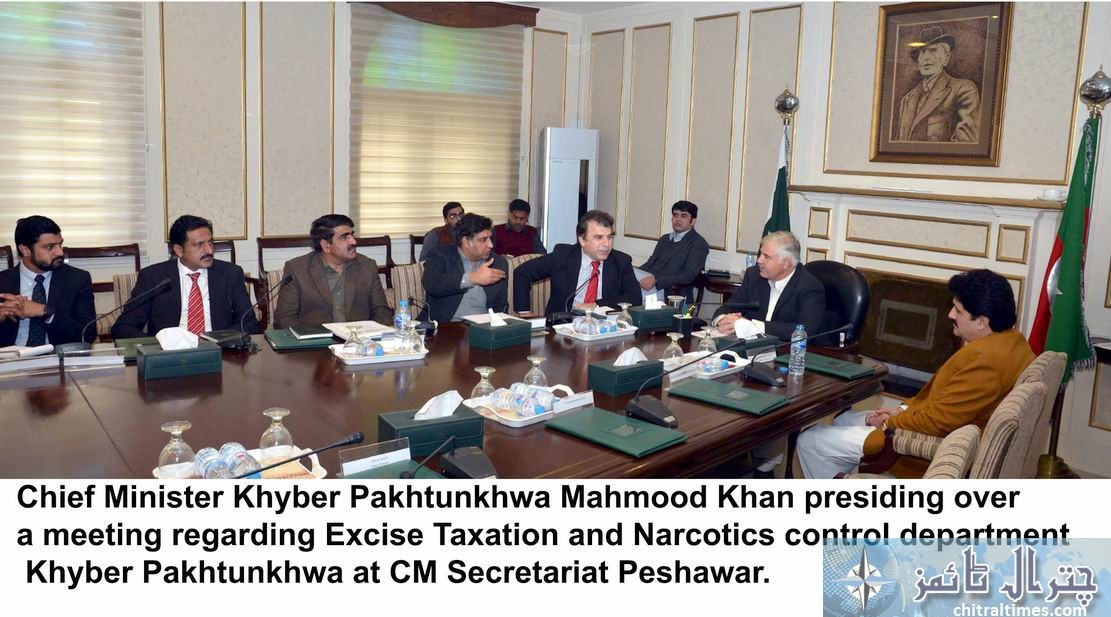 Chief Minister Khyber Pakhtunkhwa Mahmood Khan presiding over a meeting regarding Excise Taxation and Narcotics control department Khyber Pakhtunkhwa at CM Secretariat Peshawar