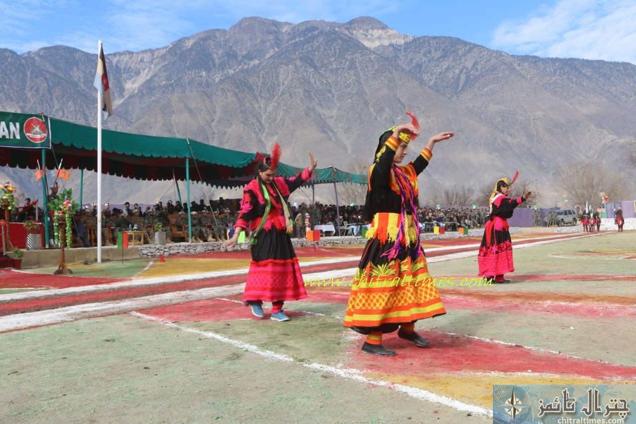 chitral Kalash Girls performing a dance during passing out parade of Chitral scouts recruits at Drosh cantt on Saturday pic by Saif ur Rehman Aziz