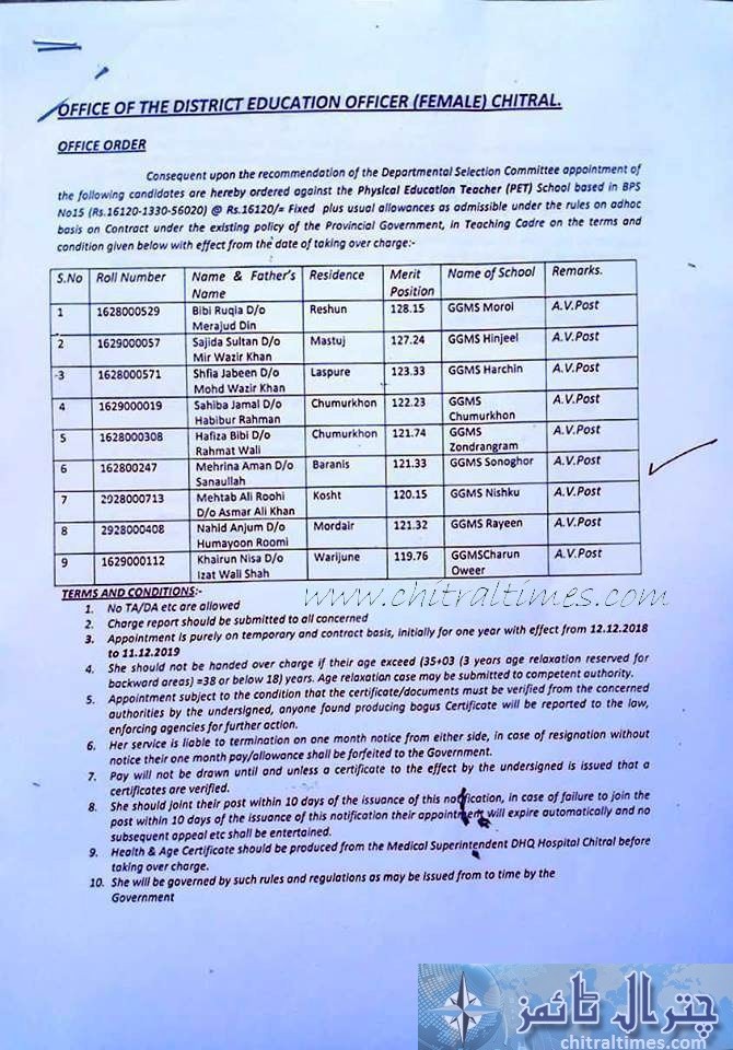 female education chitral various post appoinment orders 8