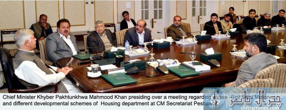 CM Photo Khan presiding over a meeting regarding phase II of Swat Motorway and different developmental schemes of Housing department