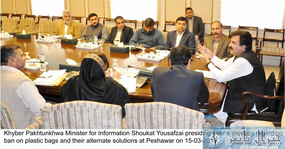 Khyber Pakhtunkhwa Minister for Information Shoukat Yousafzai presiding over a meeting on plastic bags