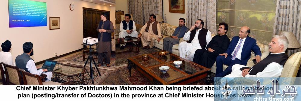Chief Minister Khyber Pakhtunkhwa Mahmood Khan being briefed about at Chief Minister House Peshawar