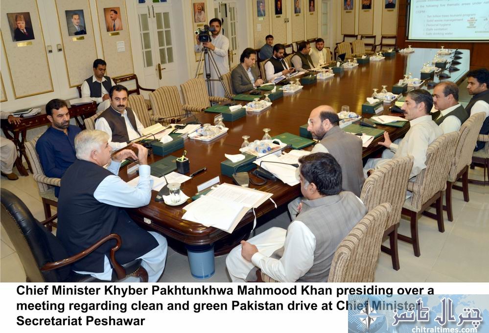 Chief Minister Khyber Pakhtunkhwa Mahmood Khan presiding over a meeting regarding clean and green Pakistan drive at Chief Minister Secretariat Peshawar