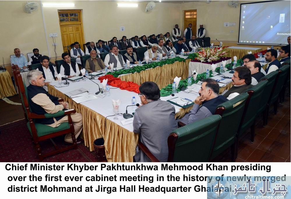 Chief Minister Khyber Pakhtunkhwa Mehmood Khan presiding over the first ever cabinet meeting in the history of newly merged district Mohmand at Jirga Hall Headquarter Ghalanai