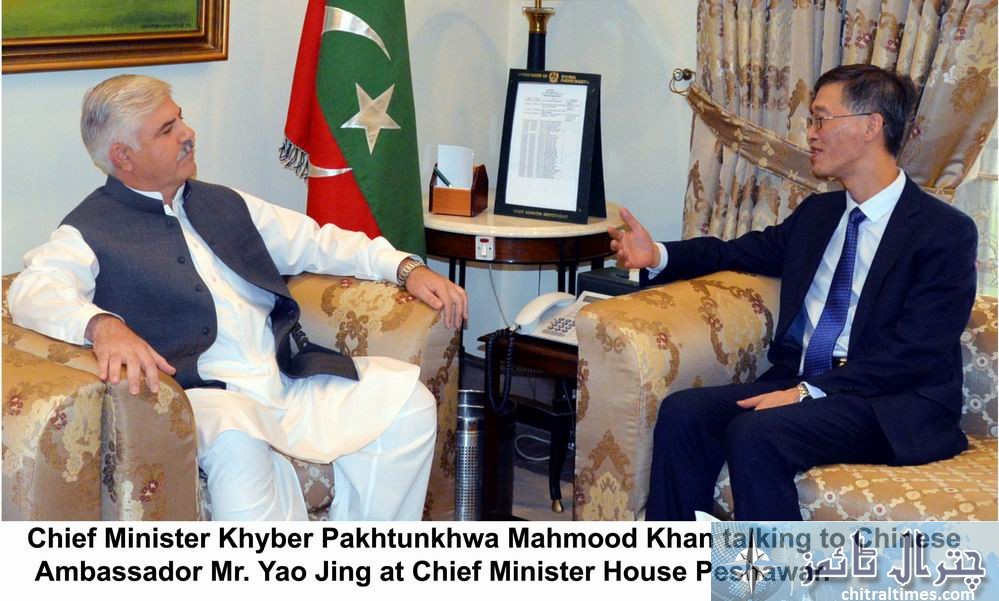 Chief Minister Khyber Pakhtunkhwa Mahmood Khan talking to Chinese Ambassador Mr. Yao Jing at Chief Minister House Peshawar