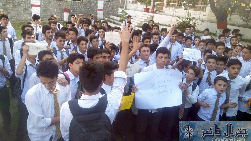 Students and teachers of the langland school and college chitral protest against Miss carry 10