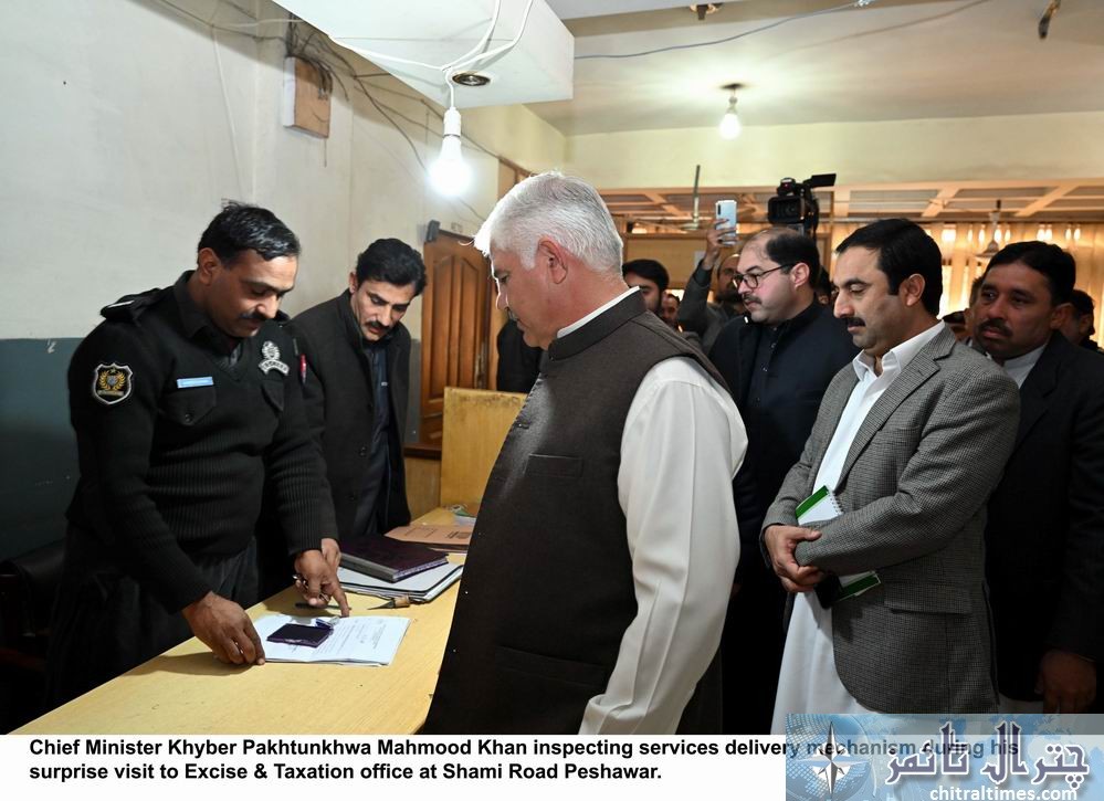 Chief Minister Khyber Pakhtunkhwa Mahmood Khan inspecting services delivery mechanism during his surprise visit to Excise Taxation office at Shami Road Peshawar