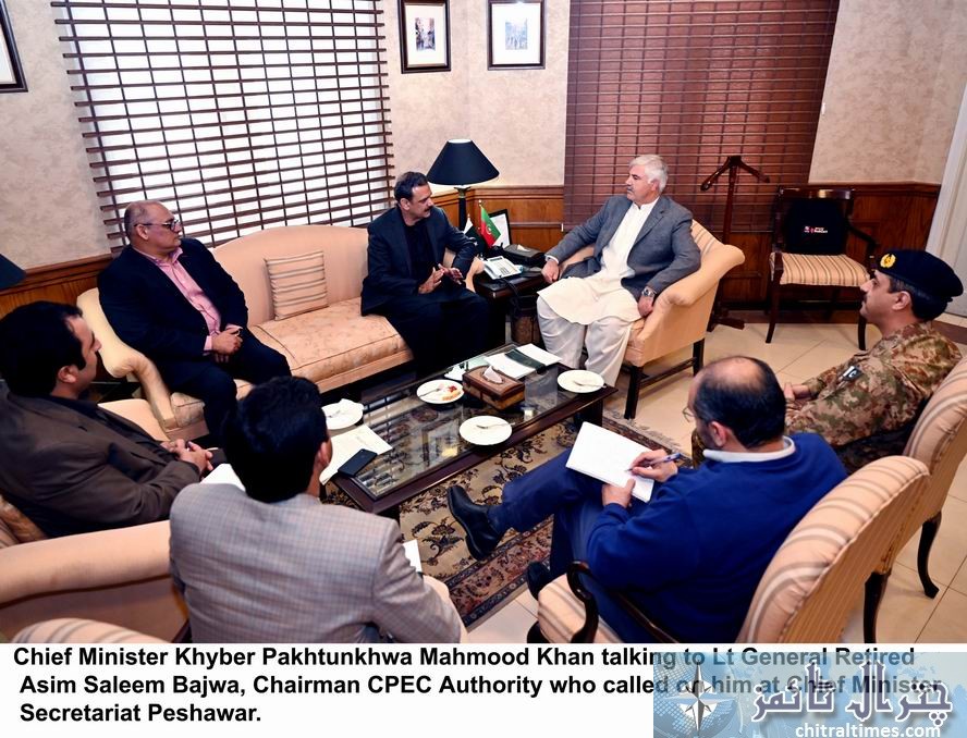 Chief Minister Khyber Pakhtunkhwa Mahmood Khan talking to Lt General Retired Asim Saleem Bajwa Chairman CPEC Authority who called on him at Chief Minister Secretariat Peshawar