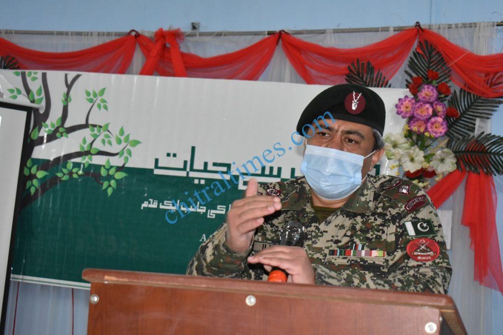 Lieutenant Colonel Mohammad Ilyas Commander 141 Wing Chitral Scouts addressing the participants