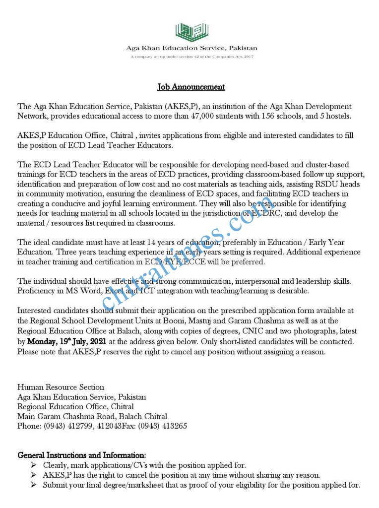 Chitral Times - The voice of Chitral | Job Announcement-AKESP Chitral akesp ECD Educator job chitral