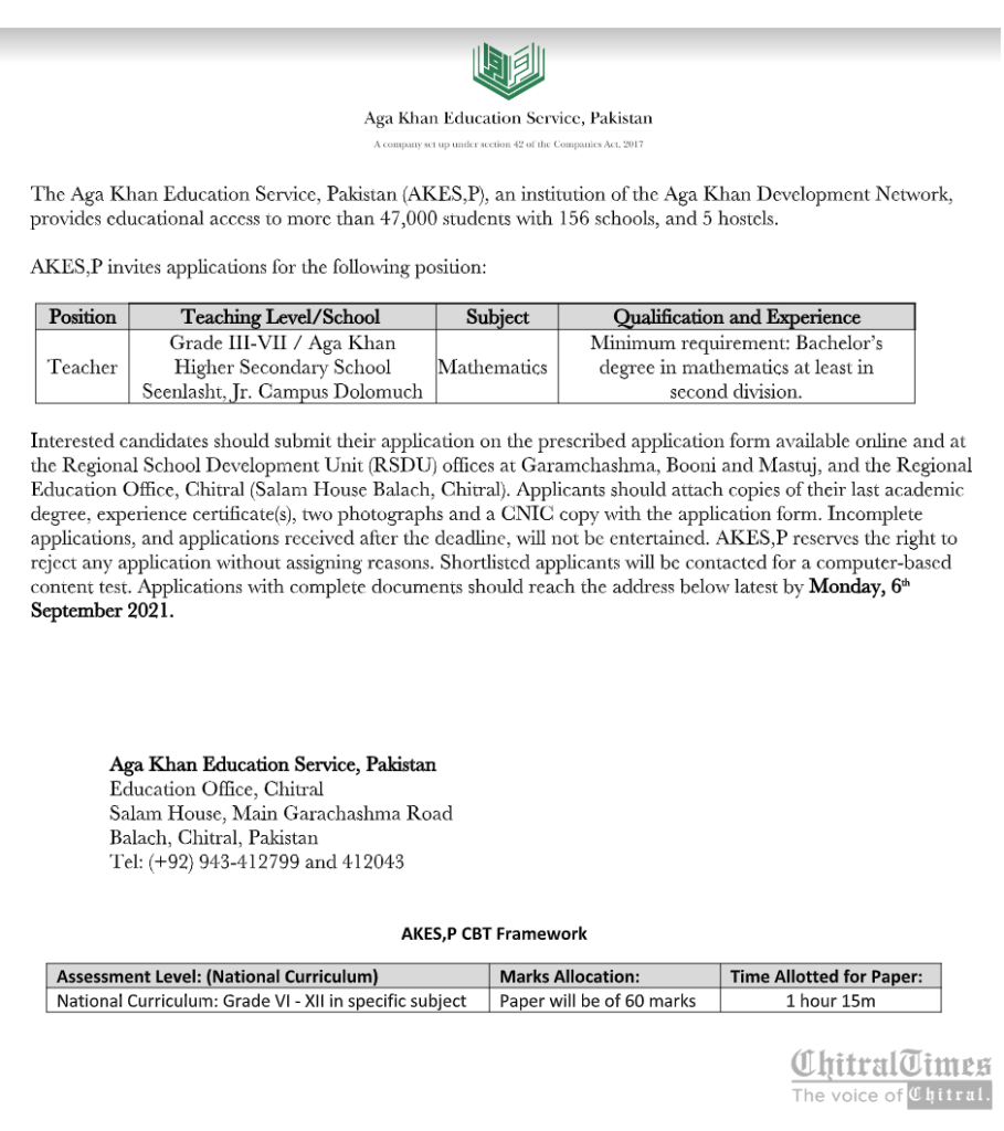 Chitral Times - The voice of Chitral | Position vacant-AKESP Chitral chitarltimes position vacants akesp chitral