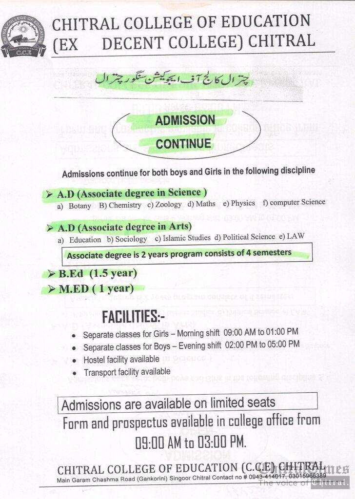 chitraltimes chitral college of education admission AD