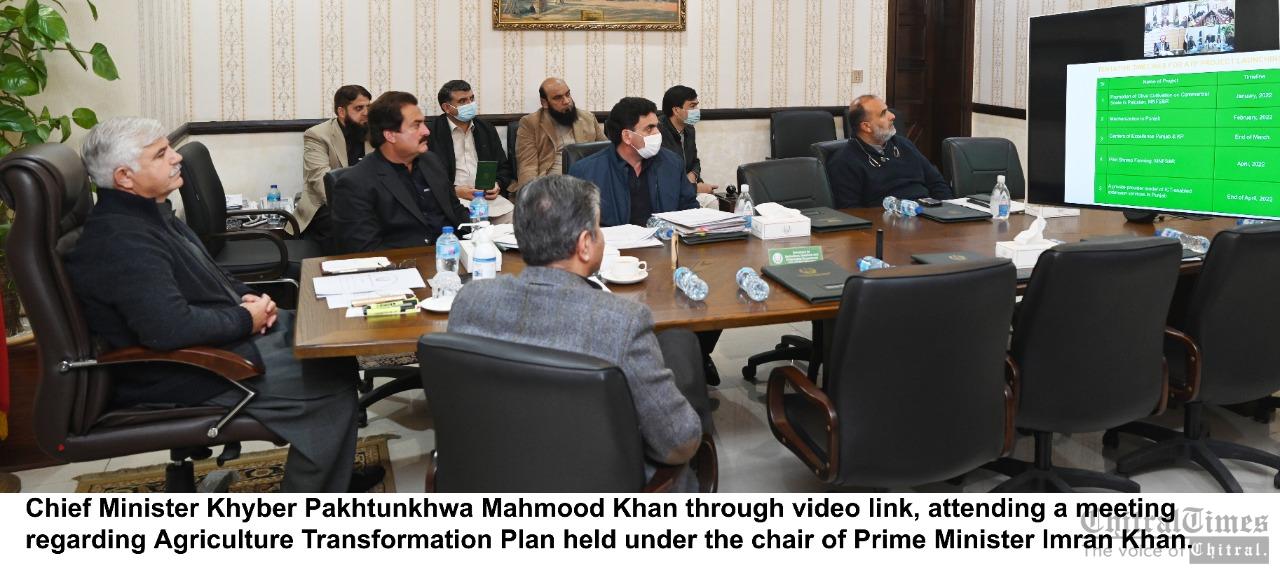 chitraltimes Chief Minister Khyber Pakhtunkhwa Mahmood Khan attending a meeting via video link agriculture transformation plan under pm