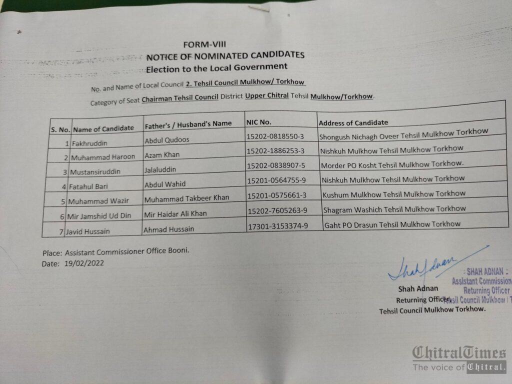 chitraltimes tehsil Mulkhow torkhow chairmanship candidates list