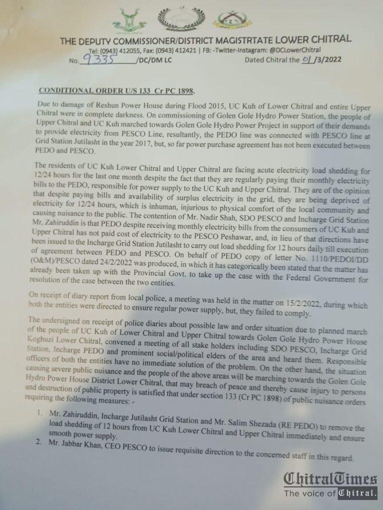 Chitral Times - The voice of Chitral | ڈپٹی کمشنرلویرچترال کا اپرچترال اورکوہ کے علاقے میں بجلی کی ناروا لوڈشیڈنگ ختم کرنیکا حکم chitraltimes DC order to pesco and pedo