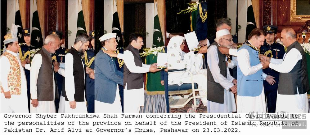 chitraltimes Governor kp shah farman conferring presidential civil awards to personalites including shahzada sikandarul mulk