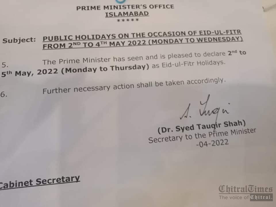 chitraltimes eid holidays notification