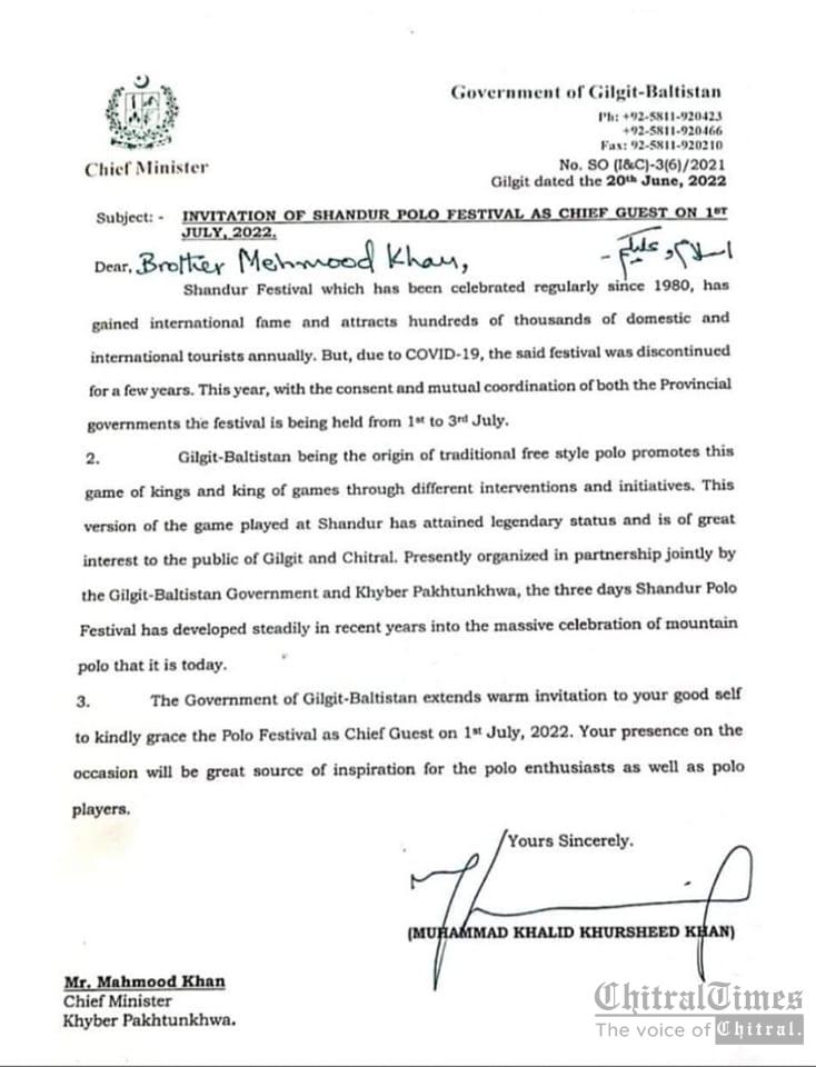 GB cm letter to KP cm for shandur festival