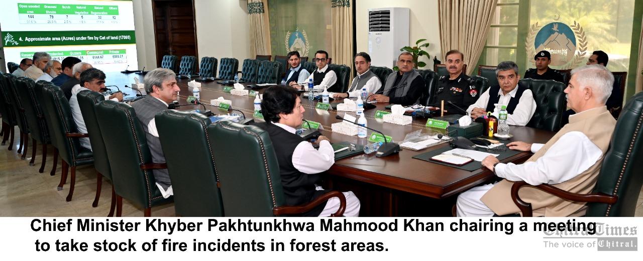 chitraltimes cm kpk mahmood khan chairing a meeting to take stock of fire incidents in forests area