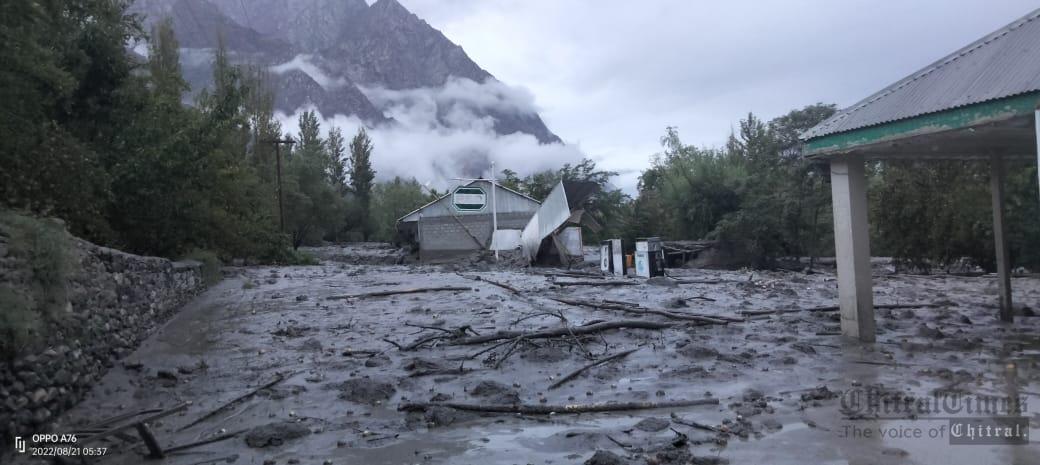 chitraltimes petrol pump collapsed due to heavy flood in Brep of upper Chitral