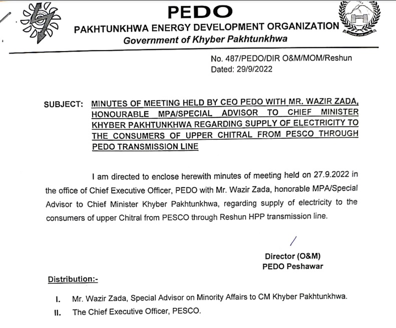 pedo minutes for upper chitral electricity supply