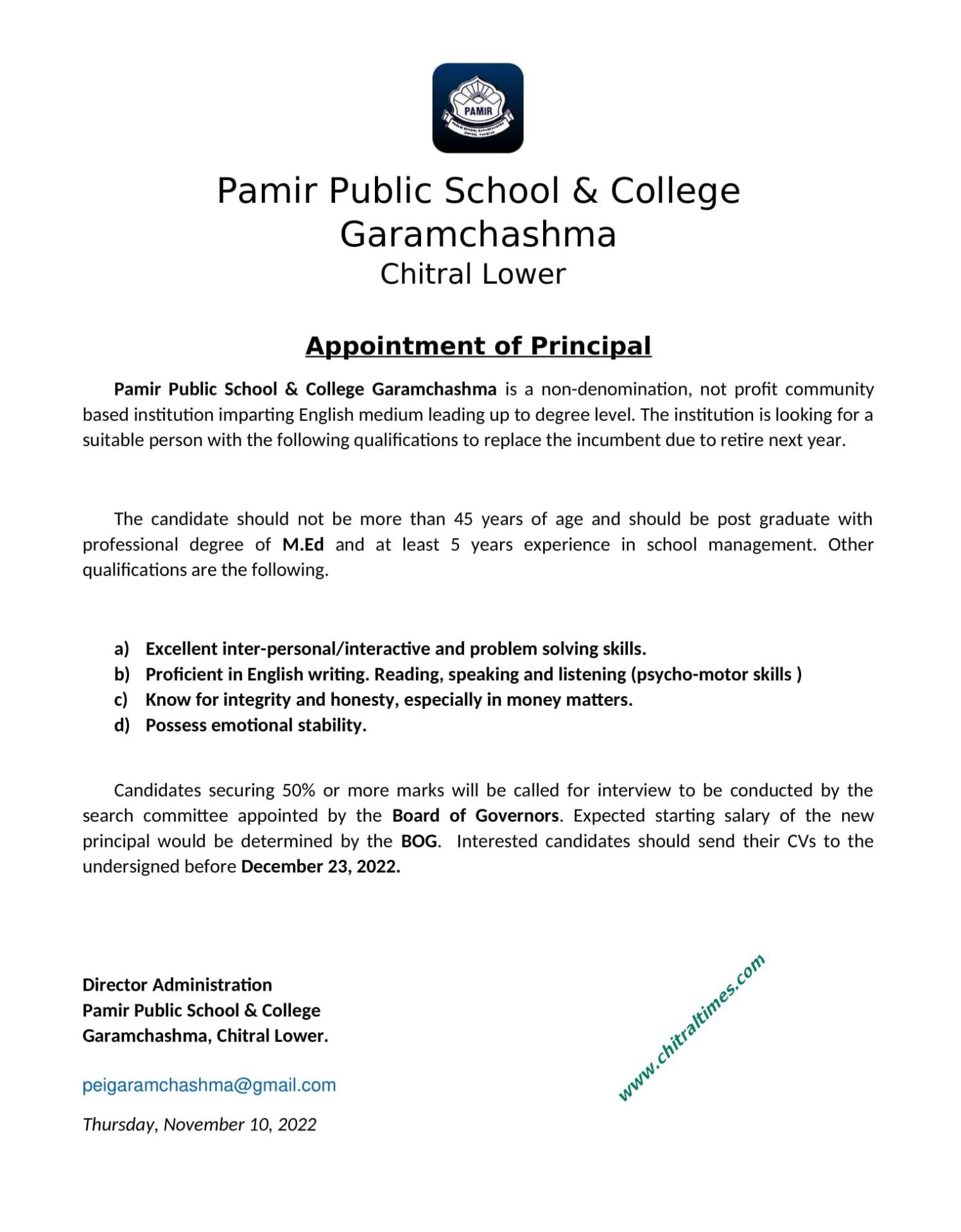 principal job pamir school college Garamchashma