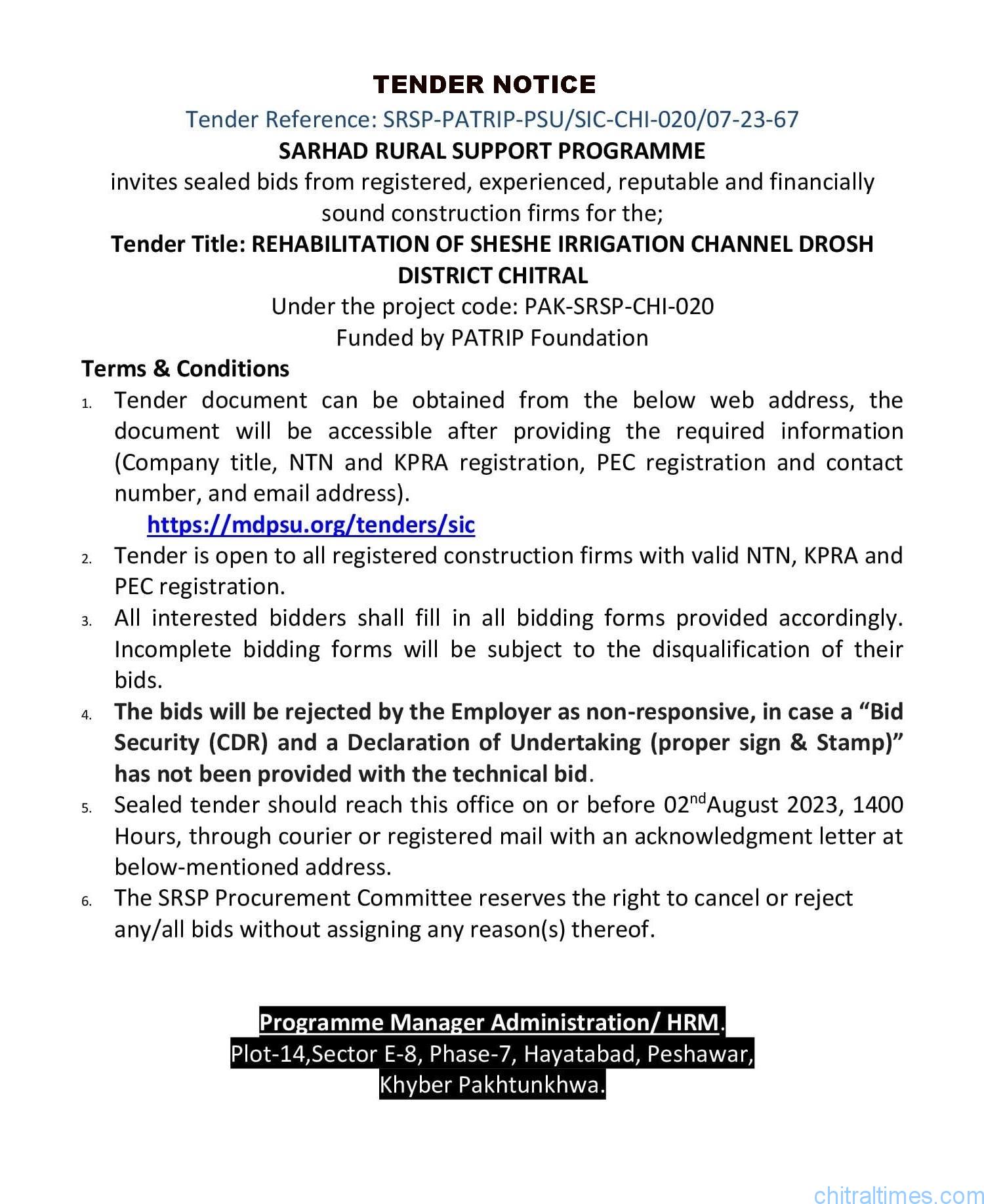 Tender Notice Sheshe Channel CHI 020