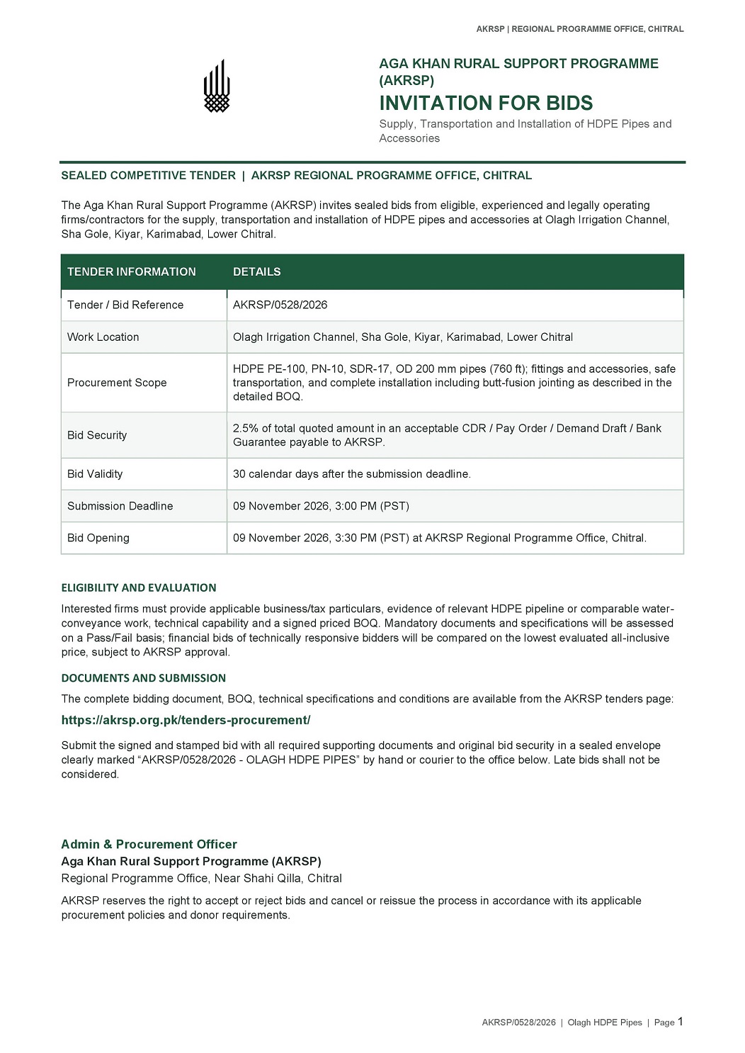 AKRSP Olagh HDPE Bid invitation