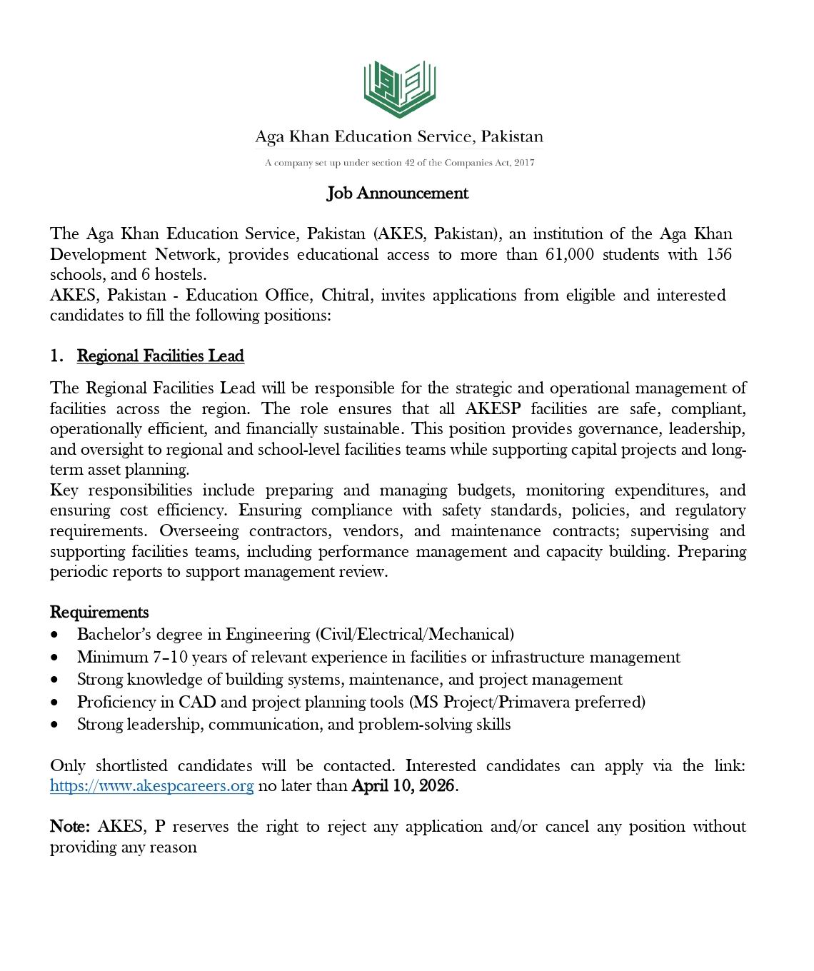 Advertisement AKESP Chitral facility job
