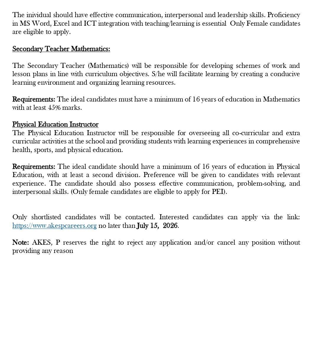 Advertisement AKESP Chitral position vacant july26 2