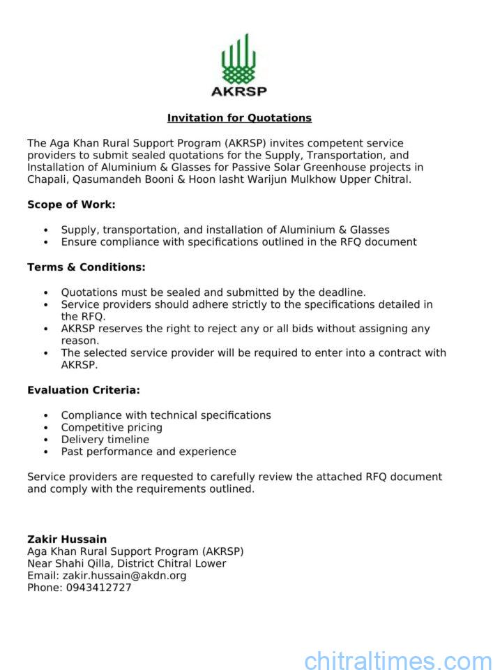 Advertisement Aluminium Glasses for Passive Solar Greenhouse project Upper Chitral akrsp