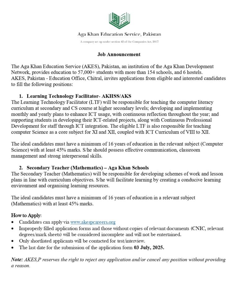Job Advertisement akesp June 2025 Chitral