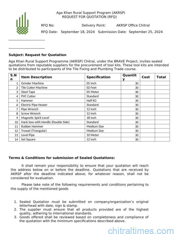 RFQ tool kits Tile Fixing and Plumbing Trade re