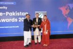 Syed Imran Ahmed Shah the Federal Minister for Poverty Alleviation and Social Safety of Pakistan presenting the award to Ms Laila Naz Taj