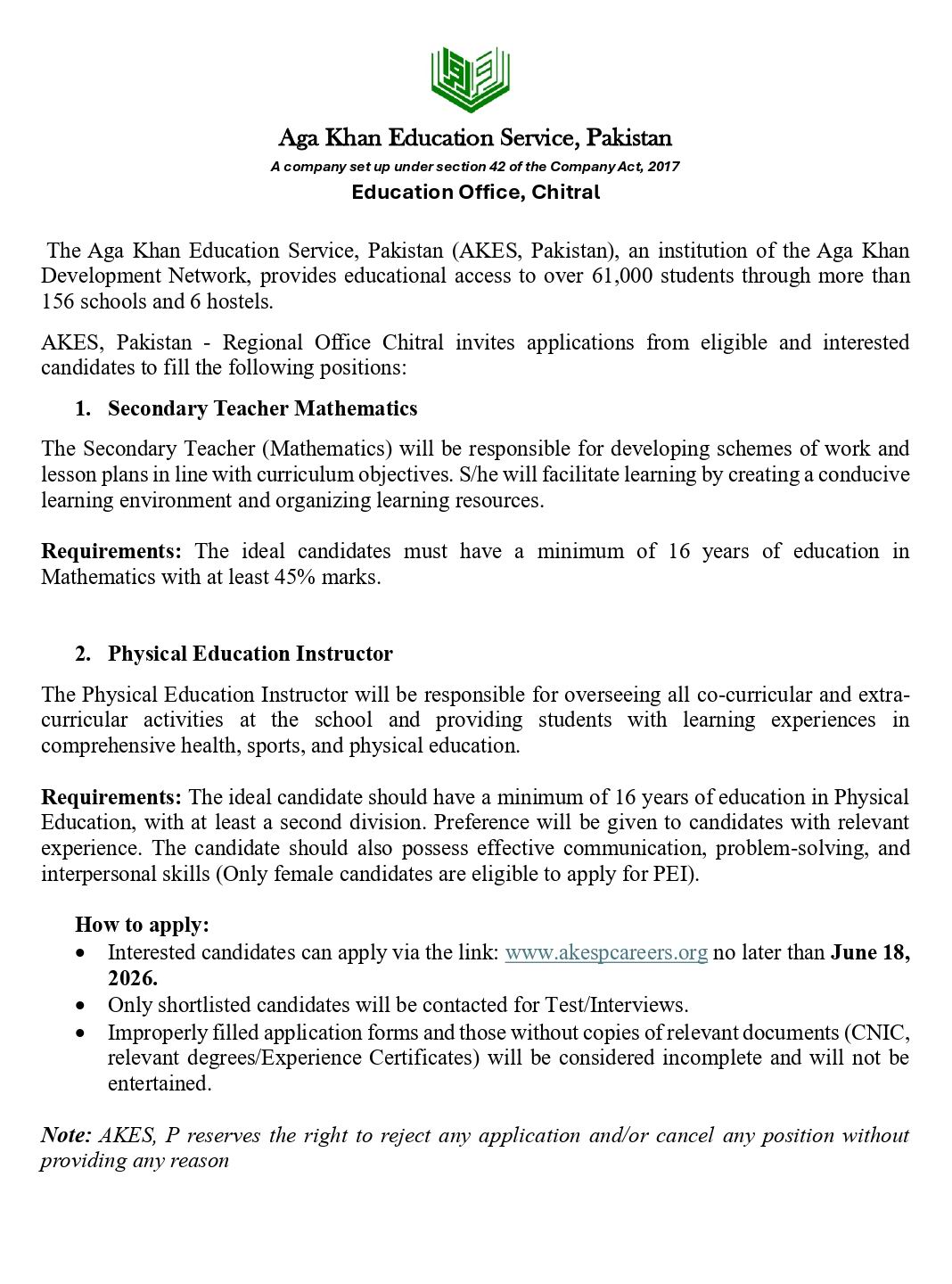 akesp Advertisement Maths and PEI teacher