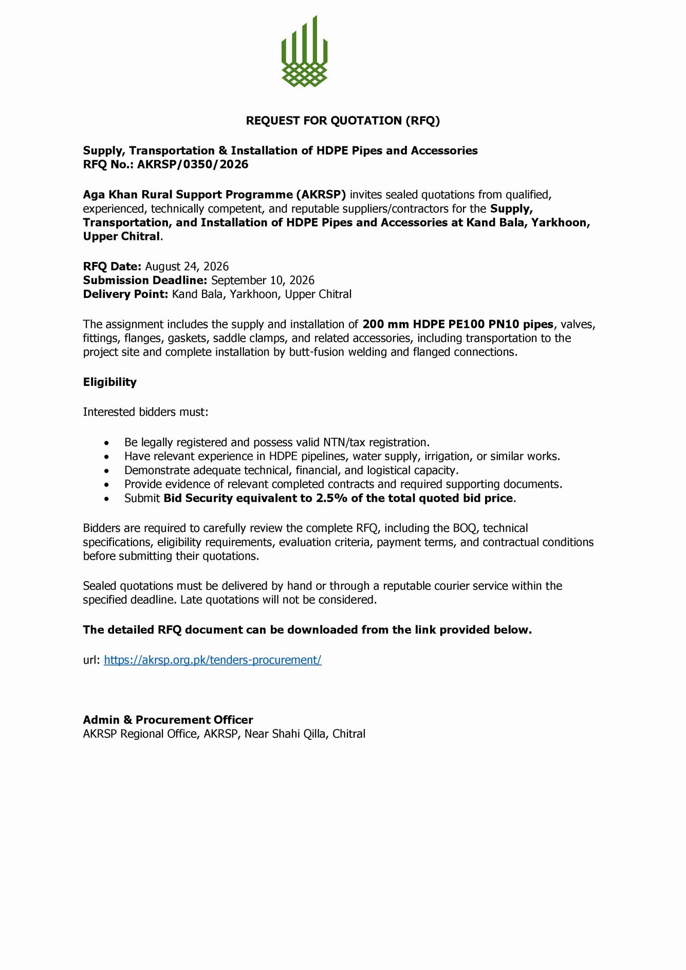 akrsp RFQ Kand Bala HDPE Pipe 01