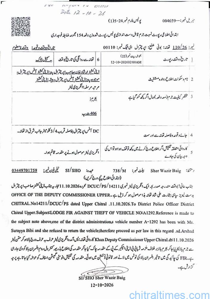chitraltimes FIR against Suraya bibi deputy speaker kp assembly