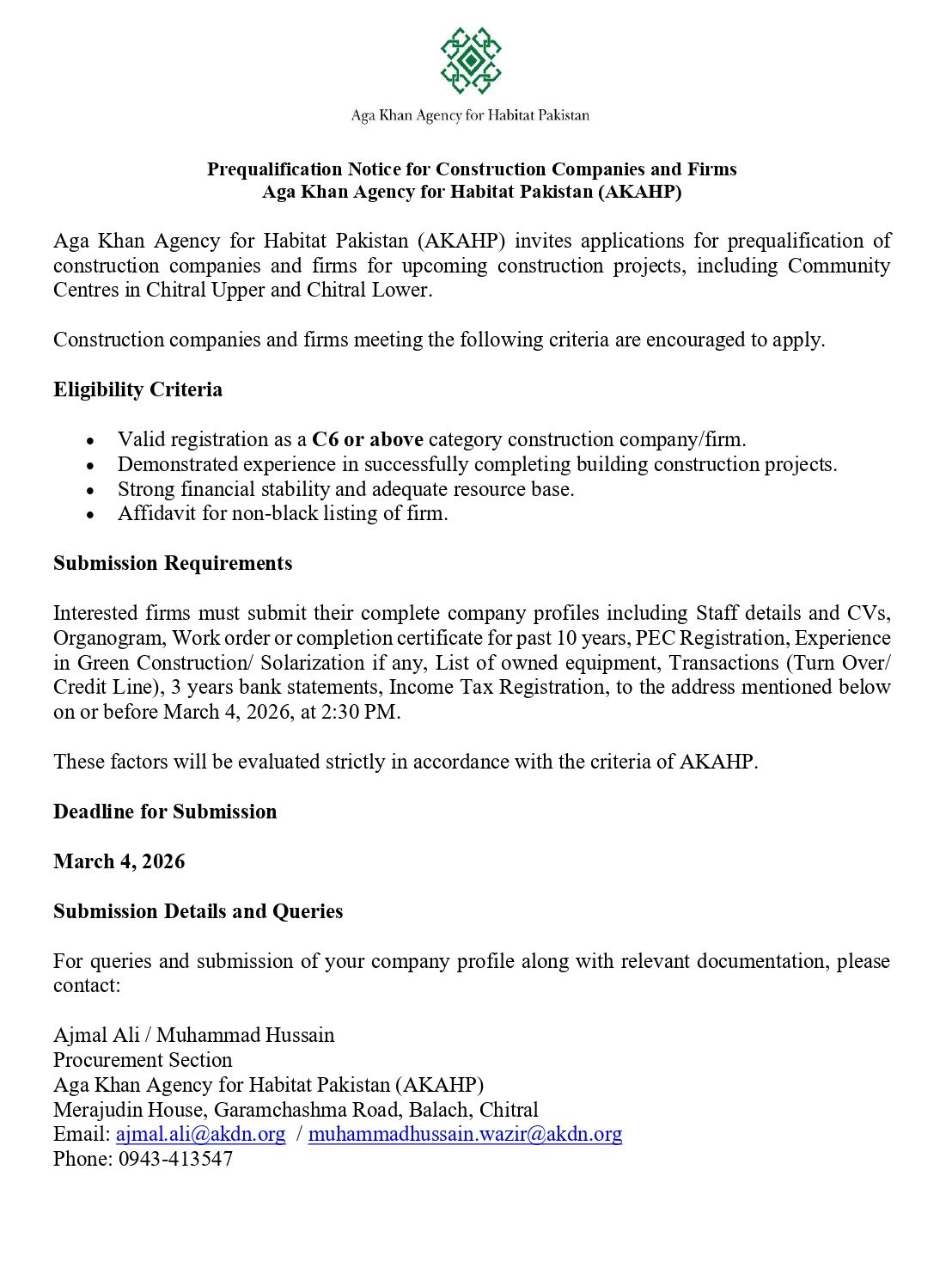 chitraltimes add for pre qualification of construction co akahp