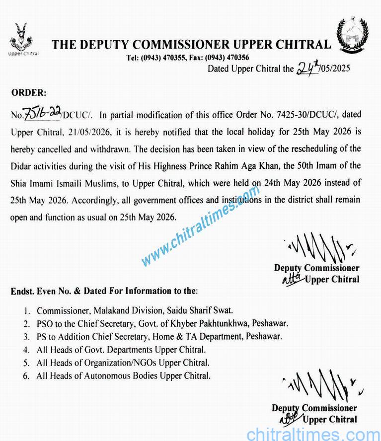 Chitral Times - The voice of Chitral | اپر چترال میں 25 مئی کی مقامی تعطیل منسوخ، تمام سرکاری دفاتر معمول کے مطابق کھلے رہیں گے chitraltimes dc notfication upper chitral