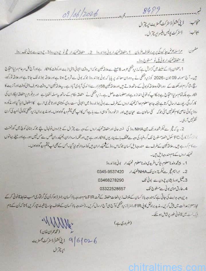 chitraltimes dc upper chitral advice for action against contractor torkhow road