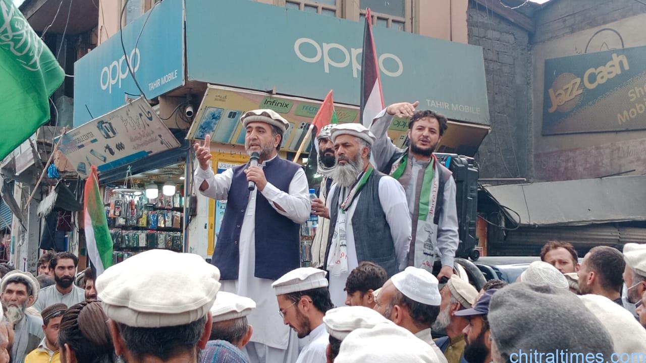 جماعت اسلامی چترال لوئیر اور اپر کے زیراہتمام فلسطینیوں پر ظلم وبربریت کے خلاف عالمی یوم مزاحمت کے حوالے سے احتجاجی ریلی اور جلسہ