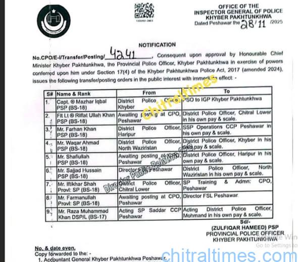 chitraltimes kp police officers transfer order