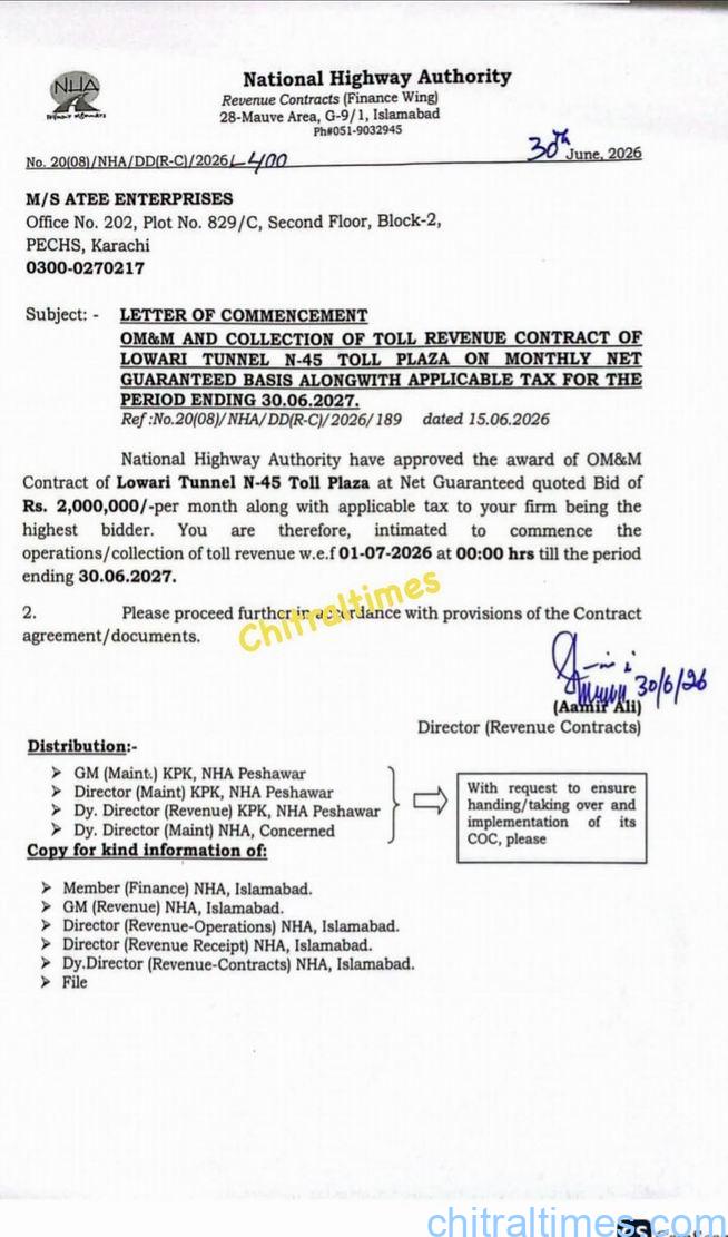 chitraltimes nha notification for n 45 lowari tunnel toll tax collection