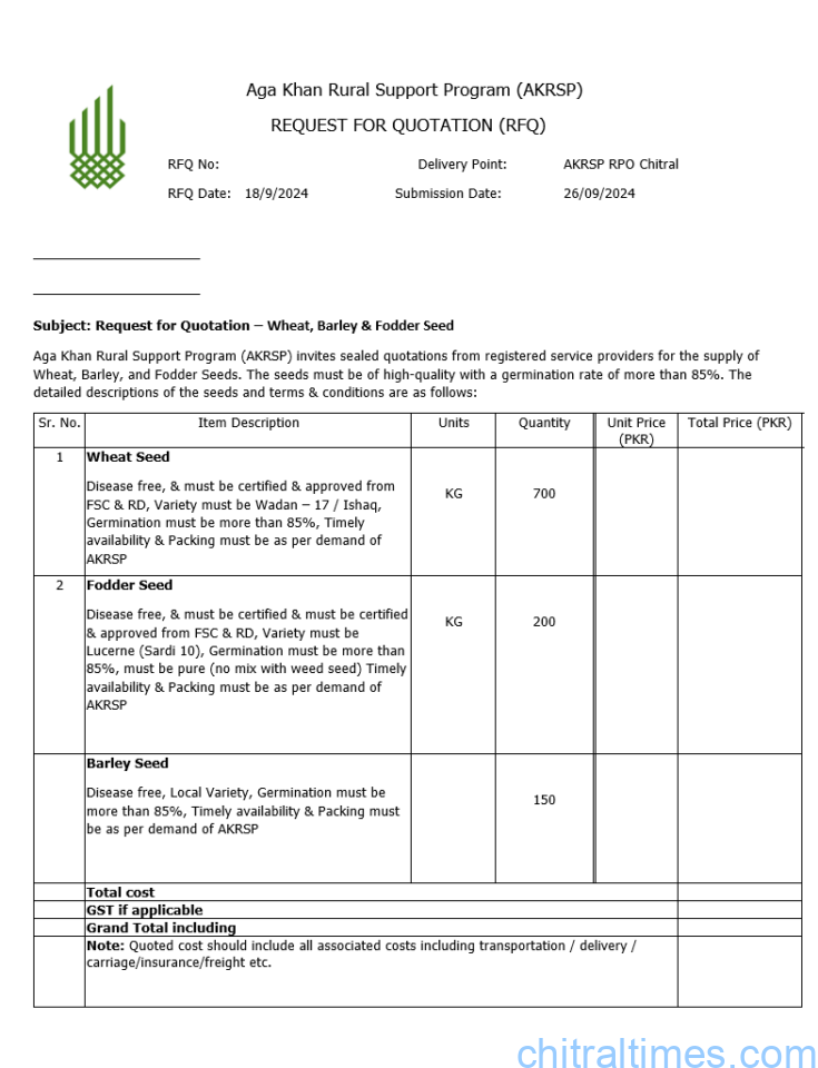 chitraltimes rfq for seeds akrsp
