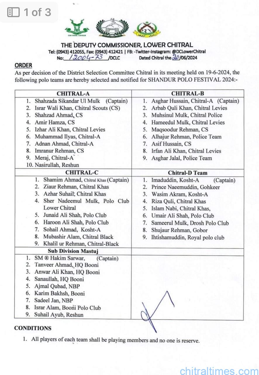 chitraltimes shandur festival 2024 team selection and management committee list 2