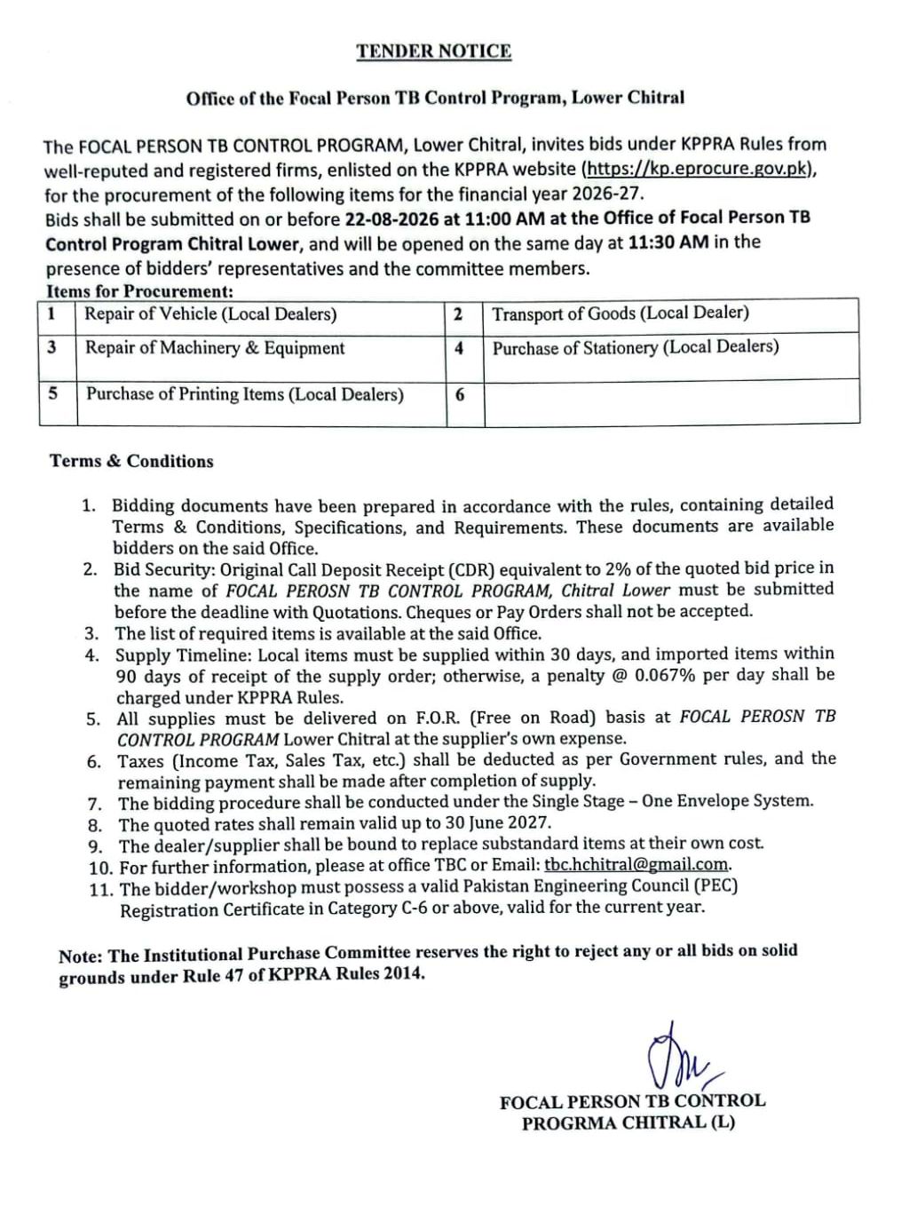chitraltimes tender notice tb control program dhq hospital chitral