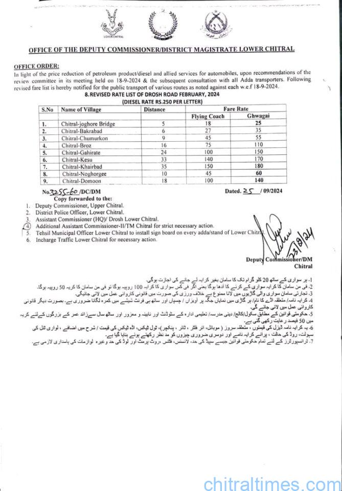 chitraltimes transport new fare dc lower chitral sep 24 6