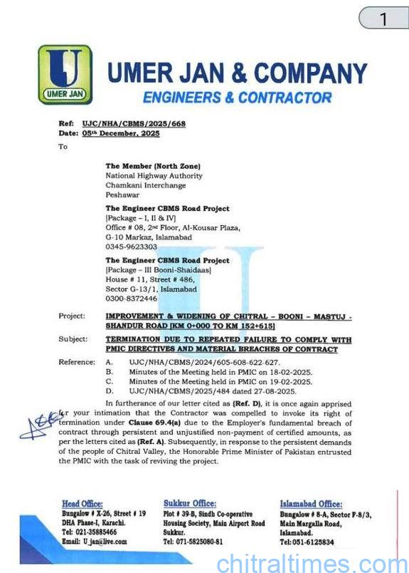 umar jan co letter to nha for chitral mastuj road work and agreement suspension 1